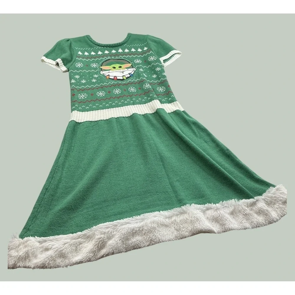 Star Wars Grogu Baby Yoda Holiday Sweater Dress Faux Fur Trim XL 14-16 Green